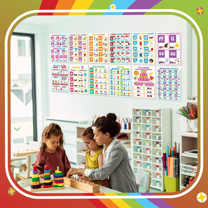 Sproutbrite 12 Pack (12"x16") Educational Poster Bundle for Toddlers Phonics Vowels Poster Language Arts Charts for Preschool, Homeschool Motivation - Inspired Learning Charts that Helps Toddlers Understand Vowel Sounds and Syllable Patterns Easily