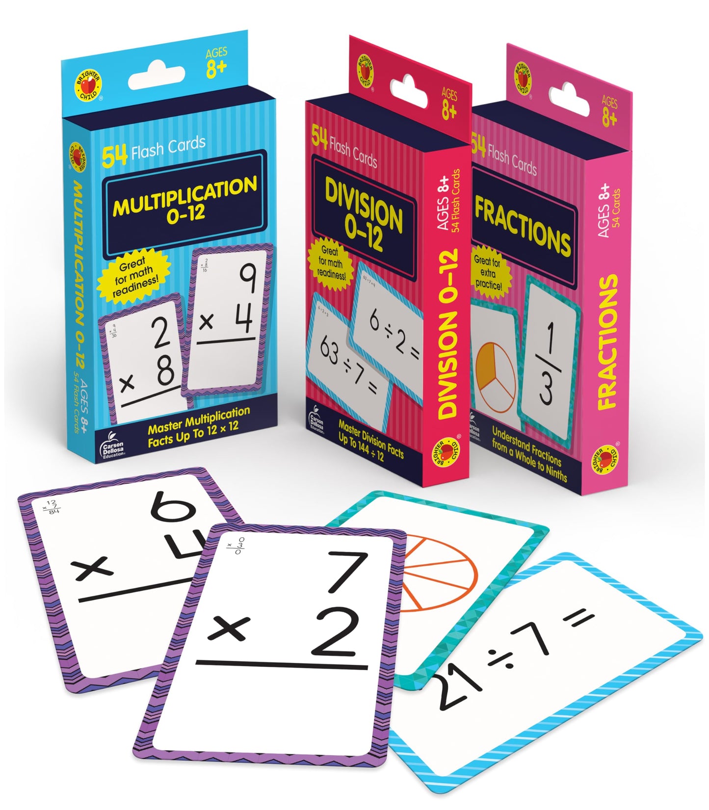 Carson Dellosa Education Division, Fractions, and Multiplication Flash Cards, 3 Sets of Flashcards, Math Games for Kids 8-12, 3rd Grade Mathematics Practice and Up