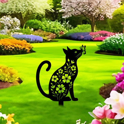 Aucizb Metal Cat Garden Stake - Floral Butterfly Black Silhouette Statue Yard Decor Outdoor Cat Patio Art for Yard, Flower Bed, Lawn, Cabin, Farmhouse Pet Lover Unique Gift (Black)