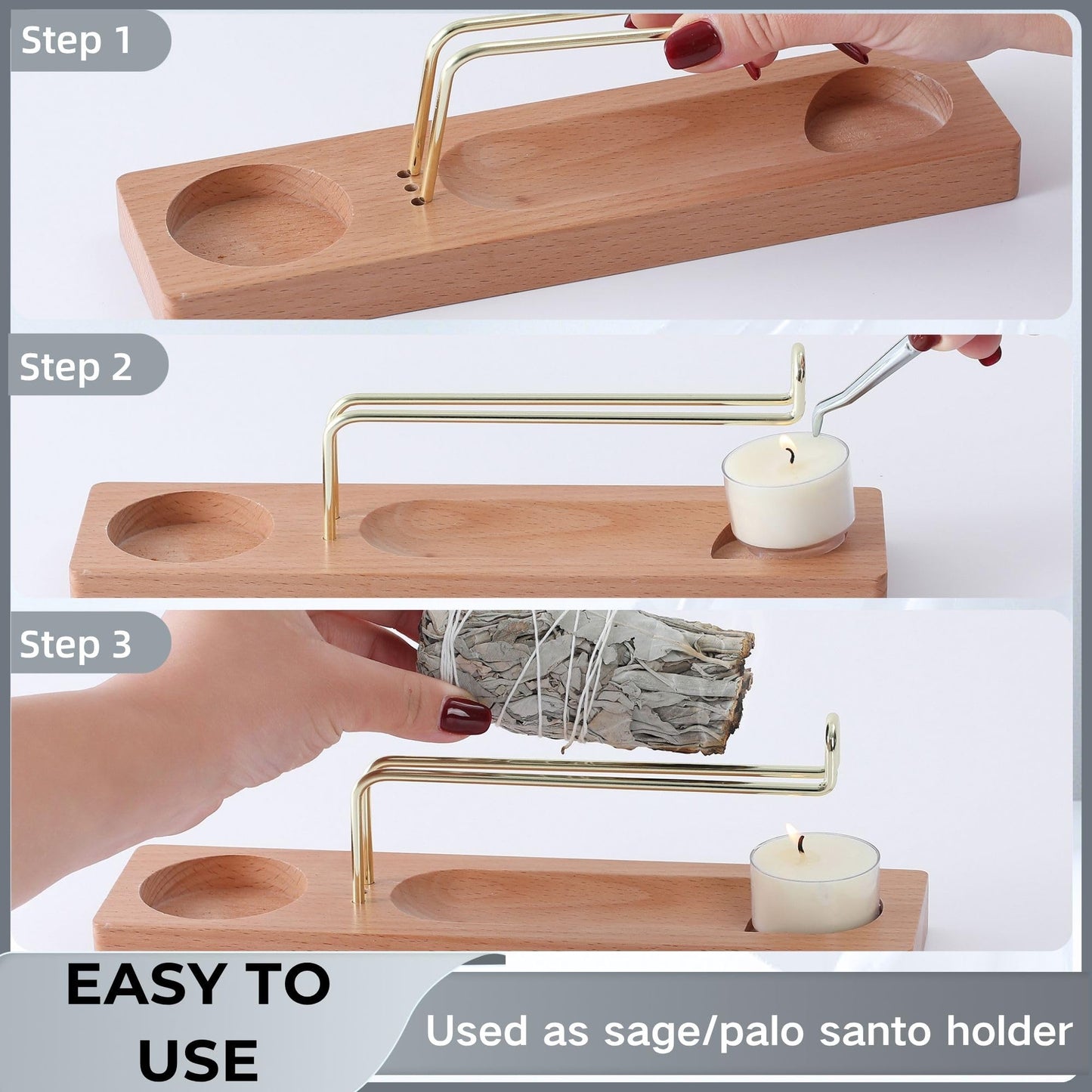 CrysDeco 3 in 1 Incense Holder for Burning Insence-Stick & Palo Santo & Sage Sticks, Hanging Upside Down Incense Stick Burner with Glass Ash Catcher, Lasting Burning Palo Santo Sage Burner for Altar