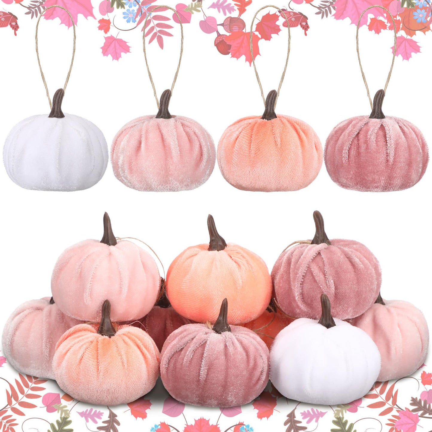 Vercraft 12 Pcs Thanksgiving Pumpkin Hanging Ornament 2 Inches Velvet Thanksgiving Fall Tree Decorations Fabric Small Tree Decorations for Farmhouse Harvest Autumn Home Party Decor(Pink and White)