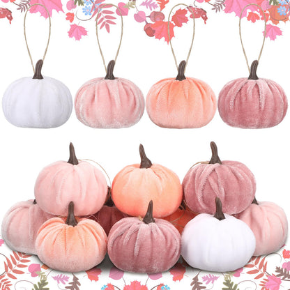Vercraft 12 Pcs Thanksgiving Pumpkin Hanging Ornament 2 Inches Velvet Thanksgiving Fall Tree Decorations Fabric Small Tree Decorations for Farmhouse Harvest Autumn Home Party Decor(Pink and White)