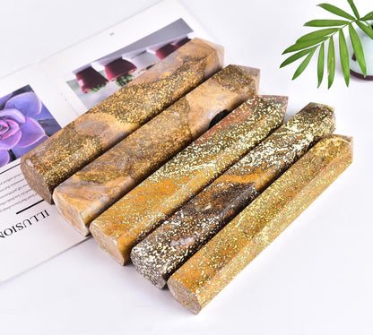 AMOYSTONE Large Yellow Ocean Jasper Stone Wand Healing Crystal Obelisk Tower 6 Faceted Column Reiki Chakra Meditation Therapy 3.5-4.0 LBS
