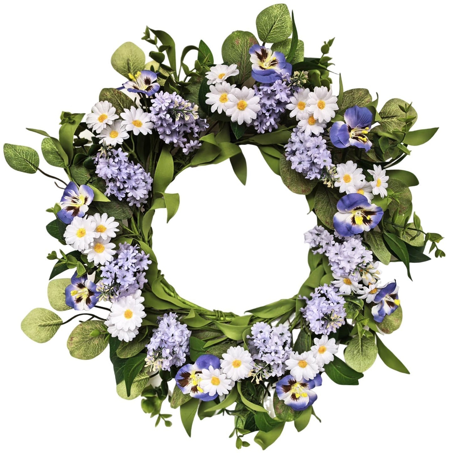 Zkieire 20 Inch Purple Artificial Lilac Daisy Pansy Wreath - Floral Wreath with Greenery for Front Door Wall Window, Spring Summer Indoor Outdoor Decor