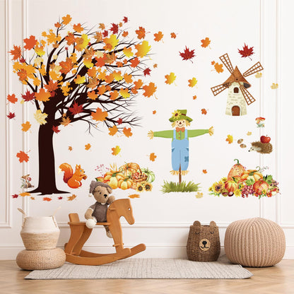 Fall Maple Leaves Wall Decals Autumn Pumpkin Scarecrow Wall Stickers Thanksgiving Fall Tree Wallpaper Cute Sqiirrel Windmill Mural DIY Removable Wall Art for Kids Bedroom Playroom
