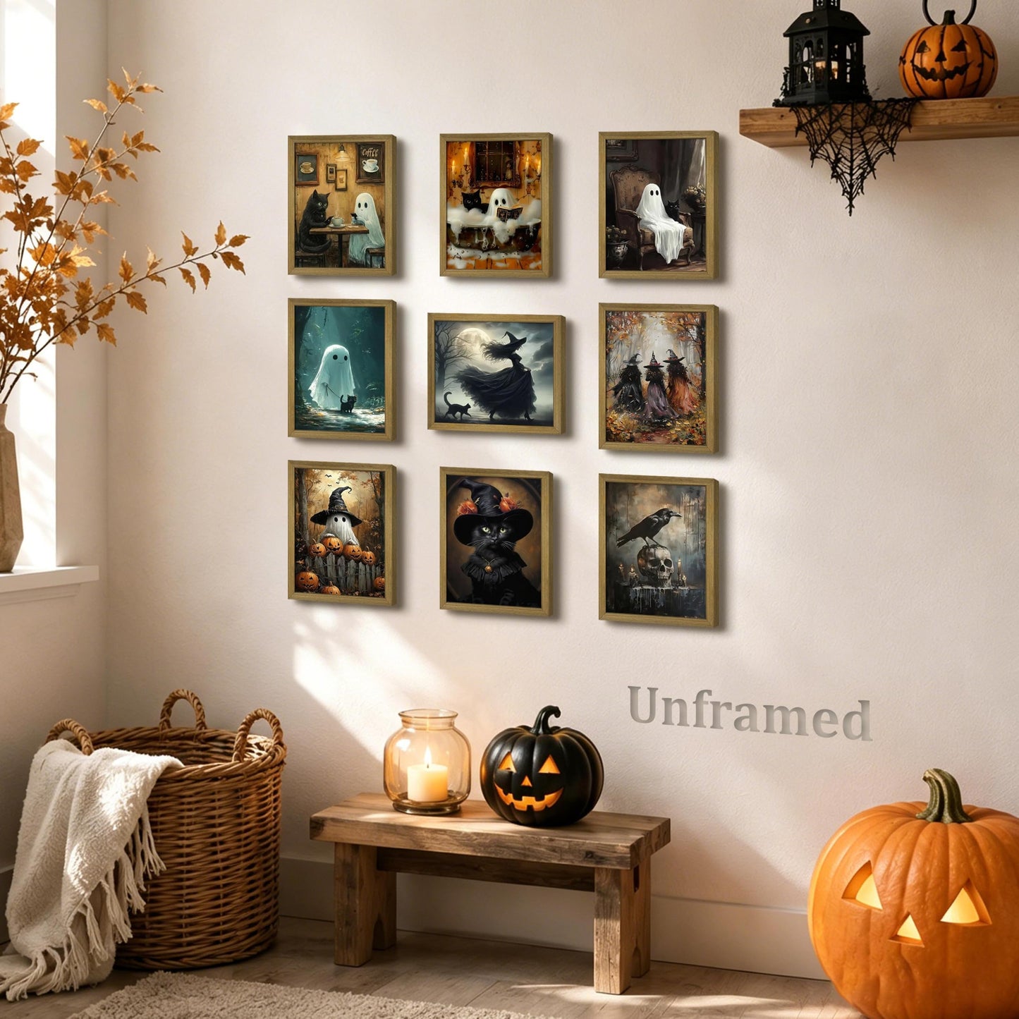 XYHYRA Halloween Wall Art Canvas Prints Set of 9, Dark Academia Wall Decor Painting, Ghost Cat Printed Poster, Gothic Spooky Aesthetic Picture for Gallery Living Room Bedroom Decor 8x10 inch Unframed