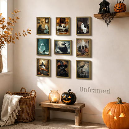 XYHYRA Halloween Wall Art Canvas Prints Set of 9, Dark Academia Wall Decor Painting, Ghost Cat Printed Poster, Gothic Spooky Aesthetic Picture for Gallery Living Room Bedroom Decor 8x10 inch Unframed