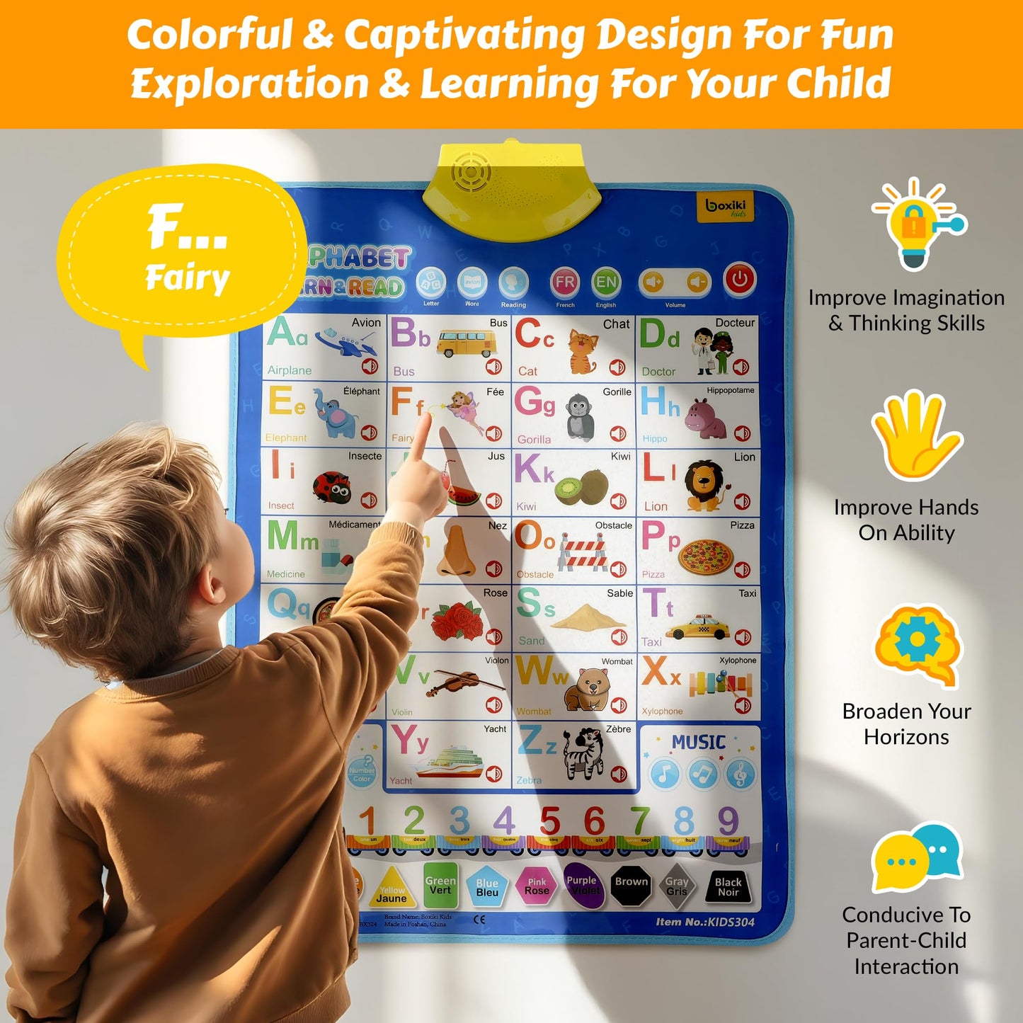 Bilingual English & French Learning Interactive Alphabet Wallchart - Includes Talking ABC, 123s & Music Poster - Educational Kids Learning Toy, Educational Gift for 3+ Years Old Girls & Boys