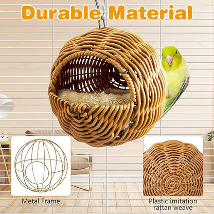 Rattan Birds Nest for Cage Hanging Parakeet House Chewproof Parrot Breeding Bed Small Budgies Hideout Swing Hut Bird Cage Accessories for Lovebirds Cockatiel Conure Finch Canary (Brown)