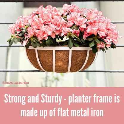 LaLaGreen Deck Railing Planters (2 Pack, 16 Inch) White Metal Rectangular Window Flower Box with Coco Liner, Wall Hanging Planter for Outdoor Plants Deck Rail Fence Balcony Patio Porch Garden Decor