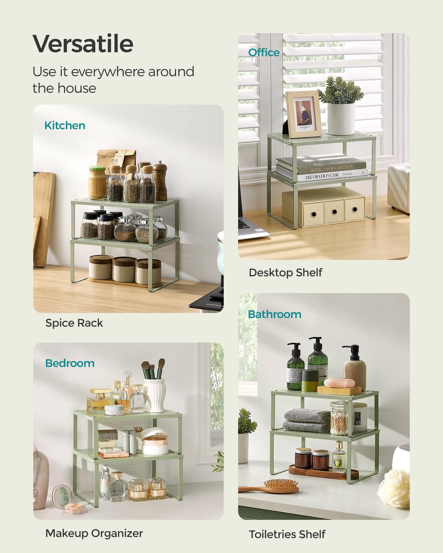 SONGMICS Spice Racks, Set of 2 Metal Cabinet Shelf Organizers, Countertop Organizers, Shelf Risers, Stackable, Expandable, Silver UKCS01SV