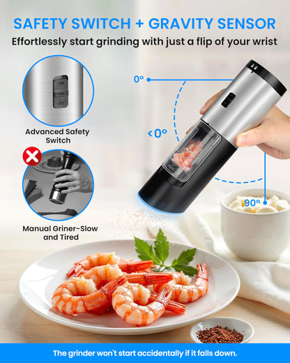 Simple Deluxe Stainless Steel Gravity Electric Salt & Pepper Grinder Set, Battery Powered with Blue LED Light, Adjustable Coarseness, One Hand Automatic Operation, Silver
