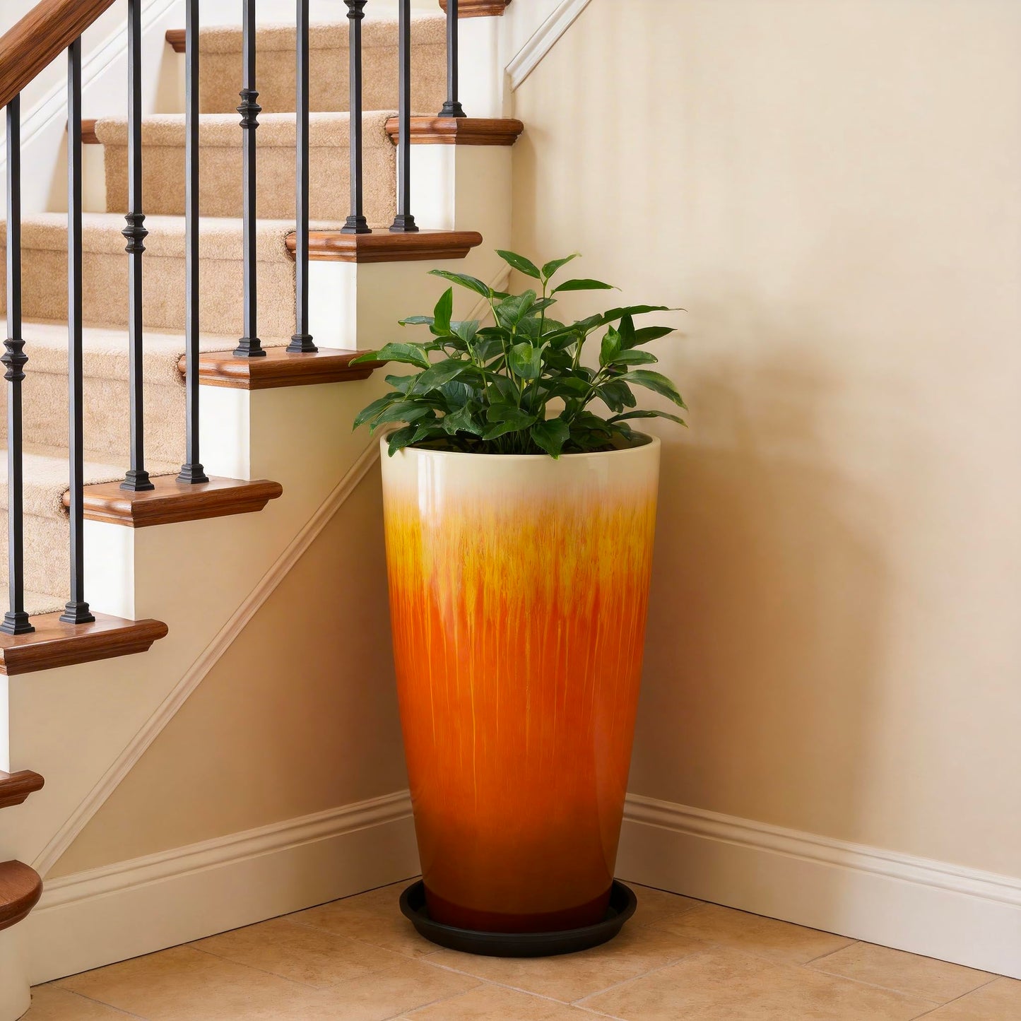 LESOASIS 21 inch Tall Planter, Set of 2 Tall Planters for Outdoor & Indoor Plants, Large Outdoor Planters for Front Porch, Patio, Garden (Orange Flowing Glaze)
