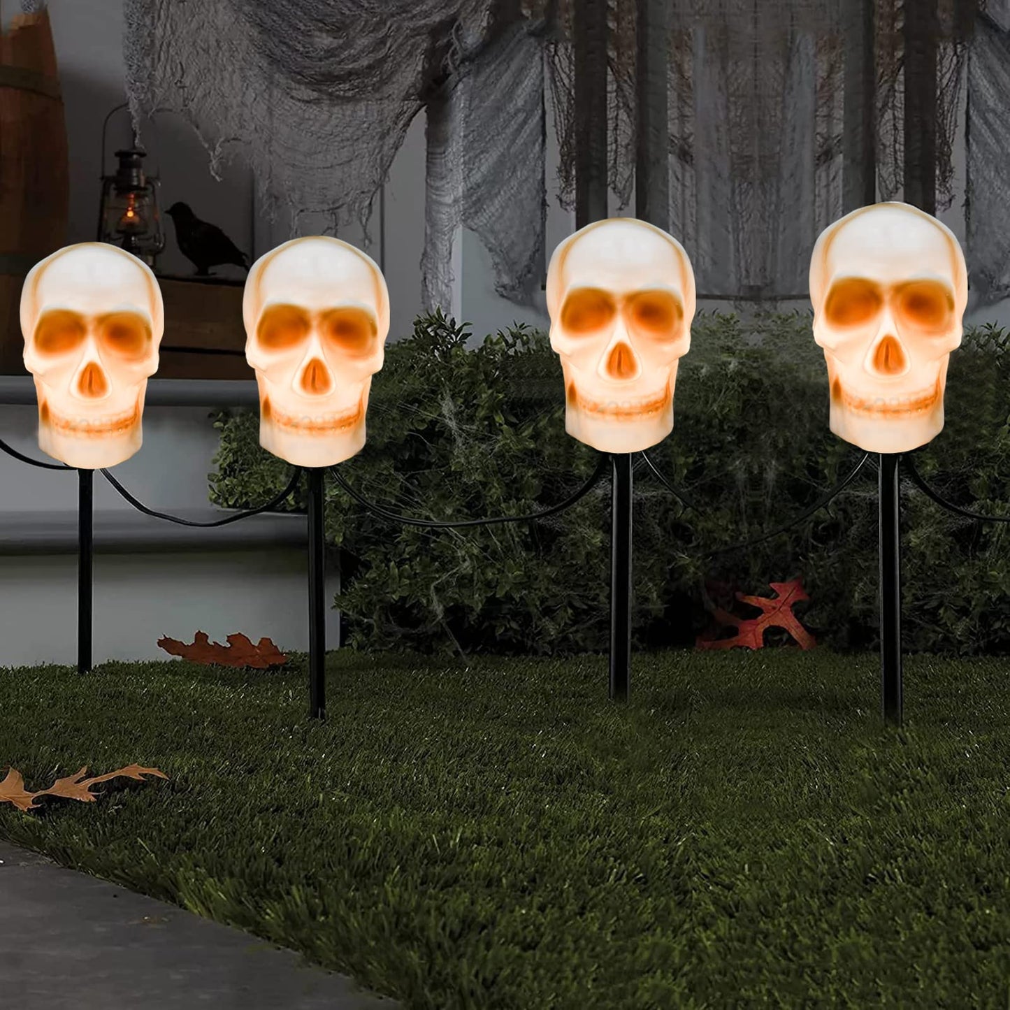 C7 Halloween Skull Pathway Stake Lights, 7 Ft Halloween Pathway String Lights with 4 C7 Bulbs, Stake, Halloweens Decorations Driveway Markers Lights for Outdoor Holiday Garden Walkway Party Lighting
