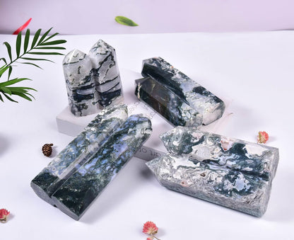 VIZYTOU Large Heaing Crystal Stone Tower Two Pointed Wand Column Moss Agate Obelisk Meditation Stone 1.7-2.2 Pound