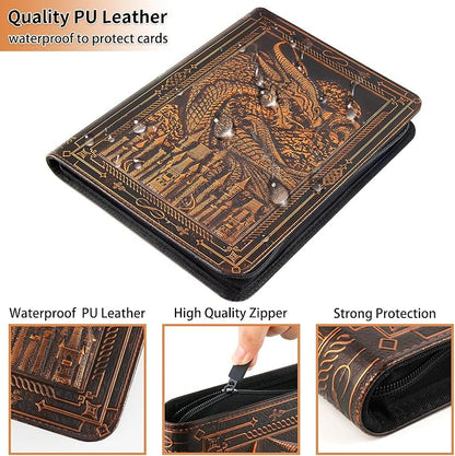 TIANREN Card Binder 9 Pocket, 3D PU Leather Album with Zipper, 360 Side Loading Pockets for TCG, MTG, Lorcana, Other Collectible Cards, Trading Card Game Protective Folder Album (Reddish Brown)