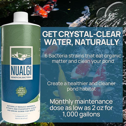 Nualgi Beneficial Bacteria, 16.9 oz Enzyme Bacteria for Freshwater & Organic Ponds, Starter Bacteria for Outdoor Water Gardens, Natural Pond Stabilizer for Fish, Pets & All Aquatic Life