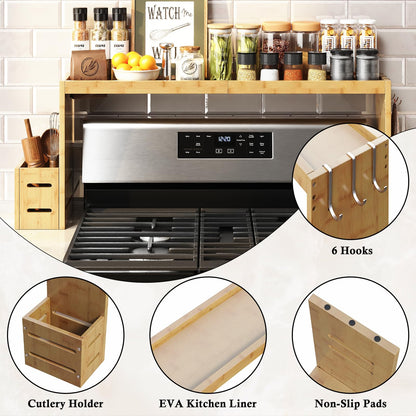 MAICHUAN Bamboo Stove Shelf, Spice Shelf for Kitchen Stove, 31in Over the Stove Shelf, Stove Top Shelf for Back of Stove with EVA Kitchen Liner, Utensil Holder & 6 Hooks, for Over Stove