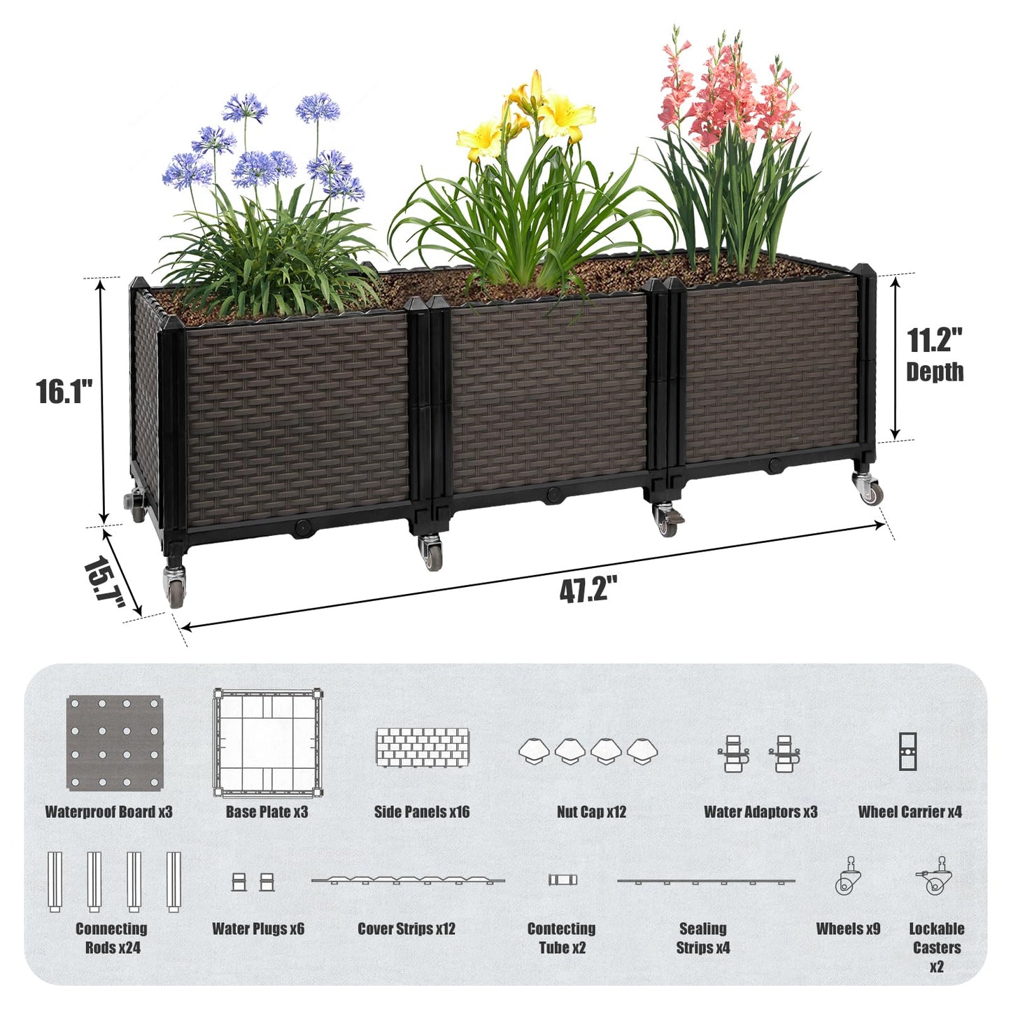 Ciao Stilista Raised Plant Box with Wheels 47.2"x15.7"x16.1", Raised Beds for Gardening Self Watering, Durable Metal Lockable Casters, Rectangular Garden Planter Perfect for Garden Patio Balcony Deck