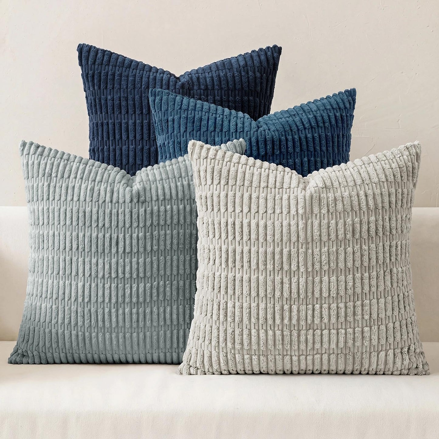 Softalker Throw Pillow Covers 18x18 Inch, Set of 4, Corduroy Soft Striped Farmhouse Boho Pillow Cover, Modern Decorative Cushion Pillow Case for Couch Sofa Bedroom Living Room, Grey/Blue