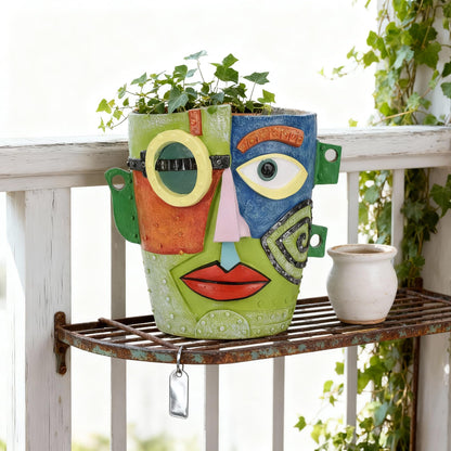 PlivBloom Abstract Face Planter Pot, Hand-Painted Resin Flower Pot with Top Opening for Planting, Decorative Planter for Indoor Plants, Art Accent Flowerpot Decor