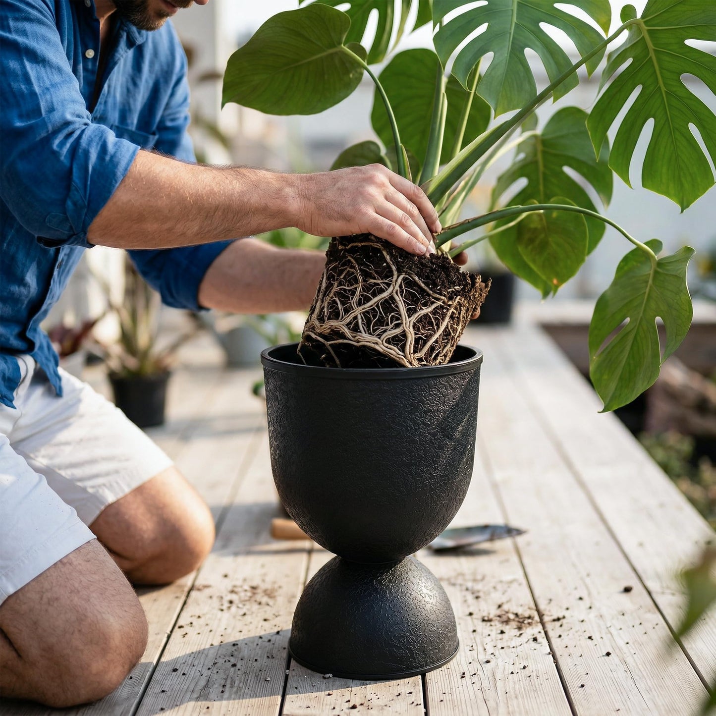 KOL Planters Flower Pots, Plastic Urn Planters for Indoor Outdoor Plants, Black Pedestal Planter Pots 2 Pack, 15 Inch Tall Decorative Planters with Drainage Holes & Plugs for Front Porch Patio Garden