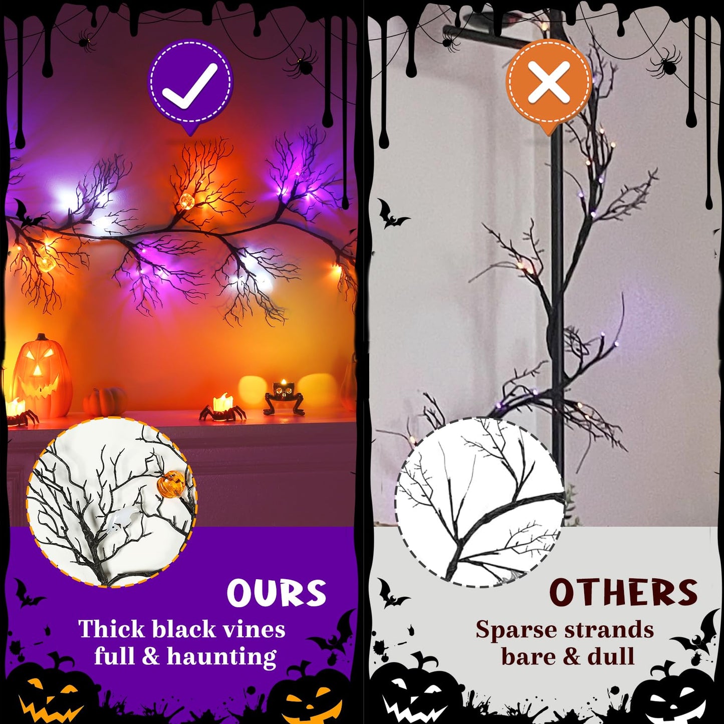 Joyhalo Halloween Garland with Lights Decorations with Pumpkin & Bat & Ghost Lights,Battery Operated 6FT 45 LED Halloween Willow Vine Twig Garland for Mantle,Wall,Fireplace and Halloween Decorations