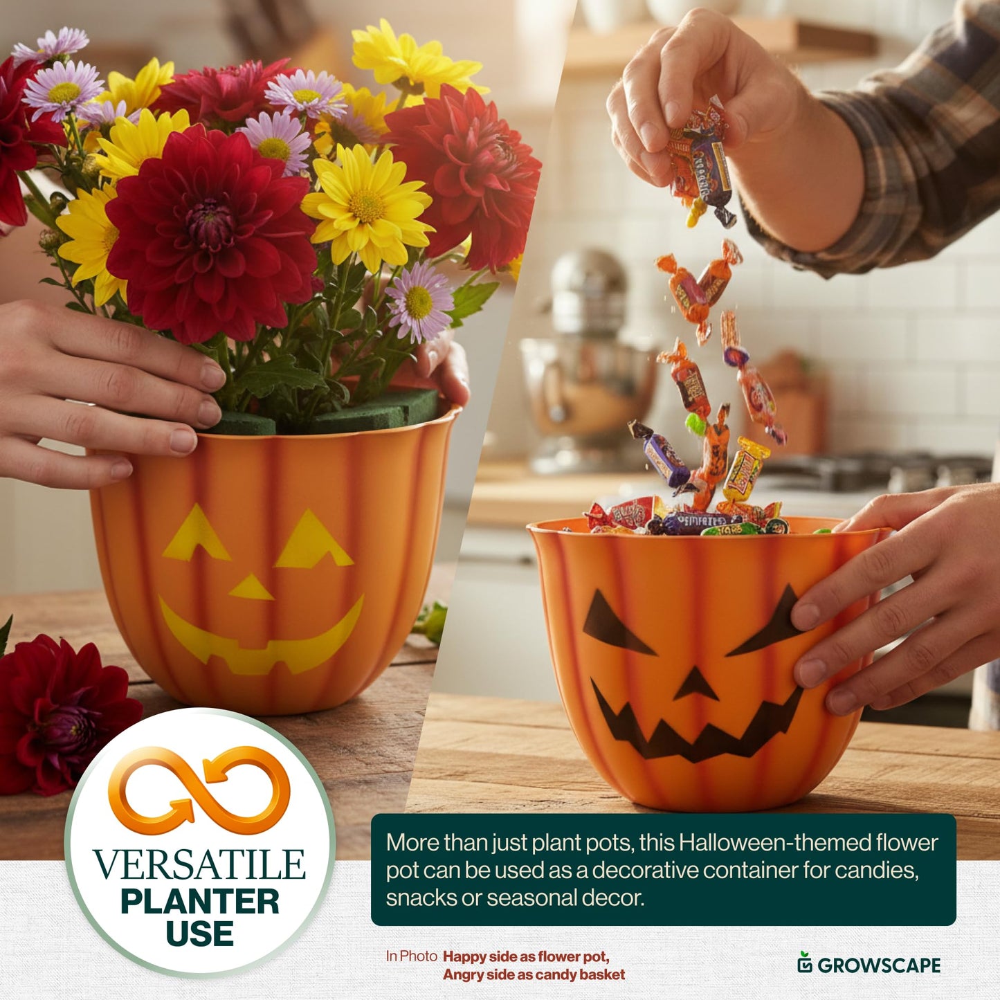 GROWSCAPE Halloween Pumpkin Planter with Face - 10” Fiber Clay Pot with Drainage Candy or Snack Bowl Indoor Outdoor, Fall and Halloween Decor (2 Pack)