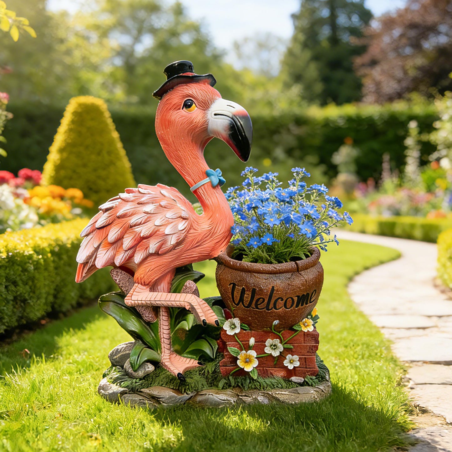 UNOIRNM Flamingo Welcome Planter Garden Statue - with Top Hat & Blue Bowtie – Lifelike 26.8” Tall, Weather-Resistant Resin – Perfect for Outdoor Lawn, Patio, & Porch Décor – Black top hat