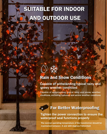 TYBEEU Halloween Decor Set – 4ft, 5ft & 6ft Black Maple Trees with 384 LED Lights, 24 Skull Lights & Spiders, Dimmable Timer, 16ft Cord, Indoor & Outdoor Decoration