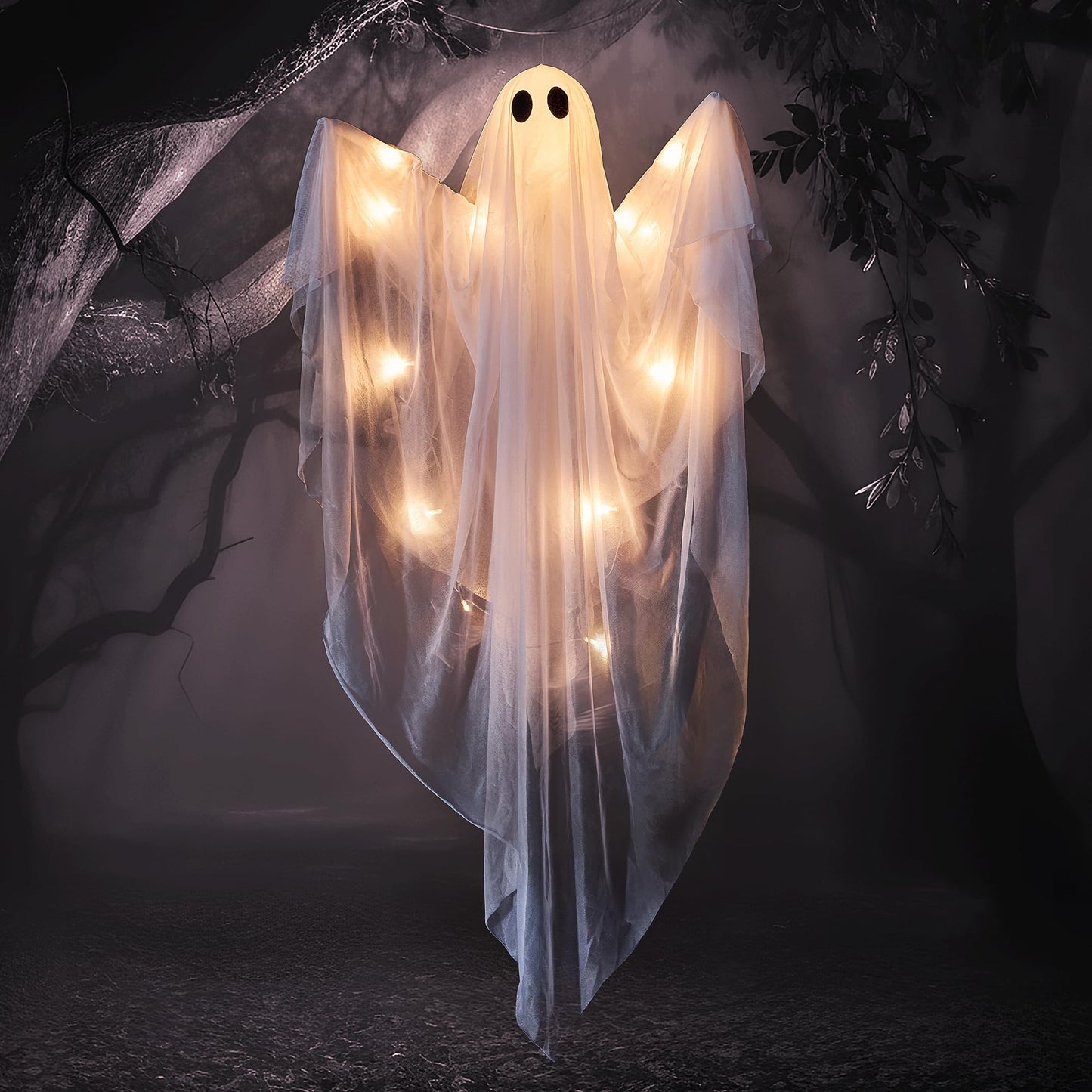 JOYIN Halloween Hanging Light up Ghost with Spooky Warm White LED Light, 47” Halloween Hanging White Ghost Decoration for Front Yard Patio Lawn Garden Party Decor Indoor Outdoor