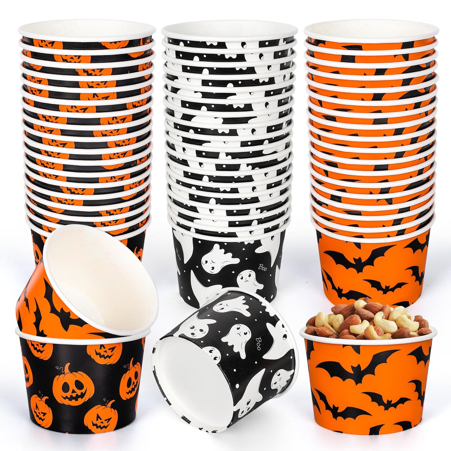Whaline 60Pcs Halloween Treat Snack Cups Grimace Pumpkin Ghost Bat Pattern Disposable Paper Bowls 9oz Orange Black Paper Cups Dessert Ice Cream Bowls for Halloween Movie Party Favor Supplies, 3 Style
