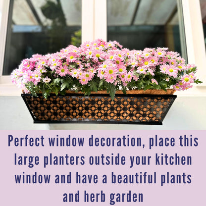 LaLaGreen Bundle - 6 Pack, 24 Inch Black Metal Rectangular Flower Pot Wall Planters with Coco Liner, Window Box Planter for Outdoor Plants, Modern Stylish Horse Trough Railing Balcony Patio Fence Deck