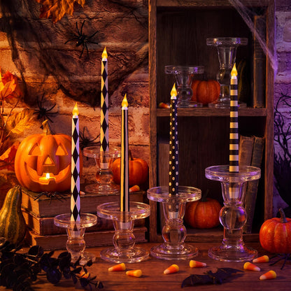 Lounsweer 8 Pcs Halloween Flameless Taper Candles 10.6 Inch LED Black and White Striped Flameless Candles Flickering Battery Operated Plastic Flickering LED Candlestick for Window Home Party Decor