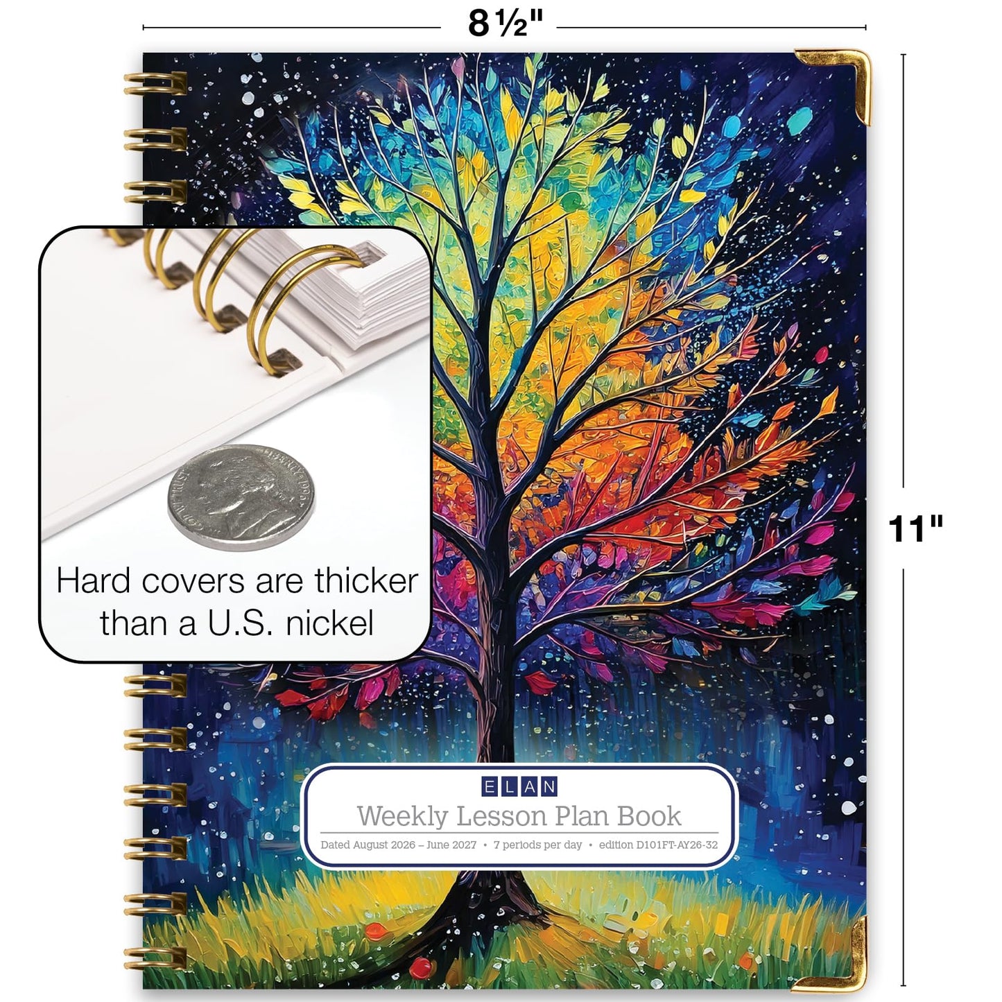 Elan Publishing Company HARDCOVER 7 Period Dated Teacher Lesson Plan; Days Horizontally Across The Top Dated for 2026-2027 Academic Year with Bonus Clip-in Bookmark (Black Tree Seasons)