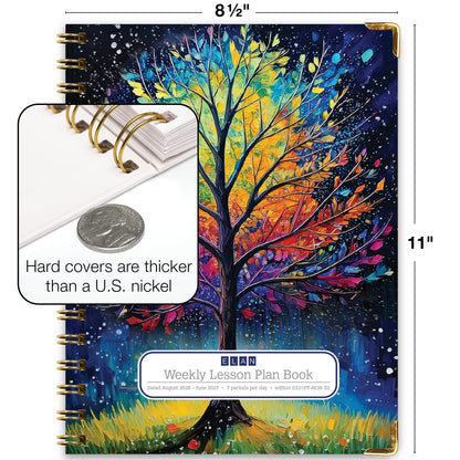 Elan Publishing Company HARDCOVER 7 Period Dated Teacher Lesson Plan; Days Horizontally Across The Top Dated for 2026-2027 Academic Year with Bonus Clip-in Bookmark (Black Tree Seasons)