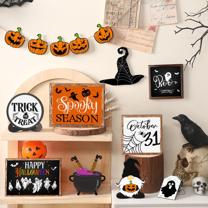 14 Pcs Halloween Tiered Tray Decor Set Cute Halloween Wooden Signs Rustic Pumpkin Farmhouse Gnomes Boo Wizard Trick or Treat Blocks Table Sign for Party Favors