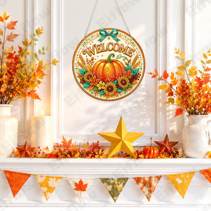 Eiflow Hanging Diamond Art Pumpkin Kit for Adults Fall DIY Acrylic Diamonds Craft Painting Ornament Kit Welcome Sign, Special Crystal Diamond Art Painting Window Wall Door Hanging Pendant