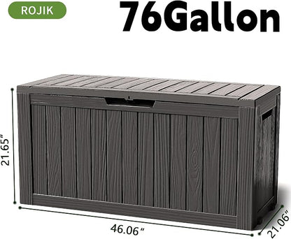 ROJIK Outdoor Storage Housing Deck Box - Waterproof Patio Furniture, Garden Tools, Cushions, Pool Accessories Storage Bench with Lockable Lid and Side Handles (Black 76 Gal)