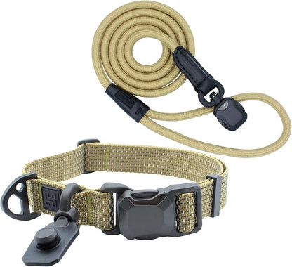Quick Clip Dog Collar & Rope Leash Set, Sand Small – Magnetic Buckle, Reflective