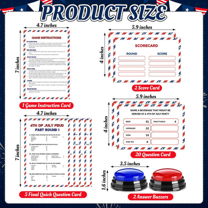 Humyoun 4th of July Friendly Feud Game with 2 Answer Buzzers, Independence Day Feud Cards for Family Game Night Fun Trivia Quiz for Party Office Class Groups Team Building (Red White Blue, Patriotic)