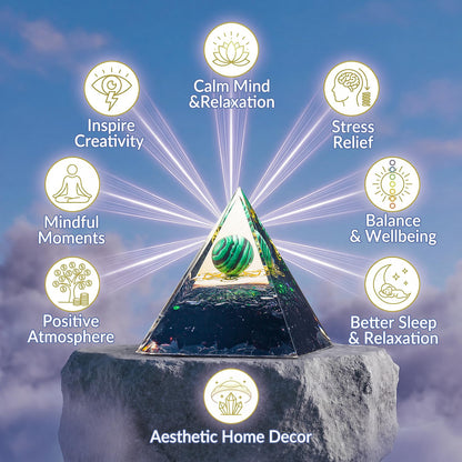 Orgone Crystal Pyramid for Positive Energy, Malachite Sphere Sacred Geometry Healing Crystal Pyramid, Obsidian Crystal Chips Energy Generator, Meditation Energy Healing Decor & 2 pcs Rose Quartz Heart