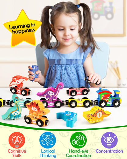 Vanmor Wooden Dinosaur Train Set for Toddlers - Magnetic Dinosaur Toys and Number Train, Montessori and Educational Toys Preschool Learning Activities for Kids, Birthday Gifts for Boys, Girls