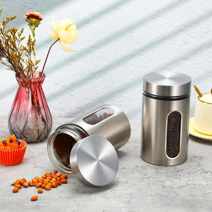 3 Pack Large Kitchen Canisters Set Airtight Coffee Sugar Tea Candy Storage Jars with Window Glass Stainless Steel Containers with Lids for Flour Cookies Spices Grains Kitchen Decorations(32oz)