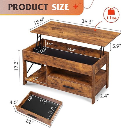 WLIVE Coffee Table, 39" Lift Top Coffee Table with Storage Drawers and Hidden Compartment for Living Room, Retro Central Table with Wooden Lift Tabletop Reception Room, Rustic Brown