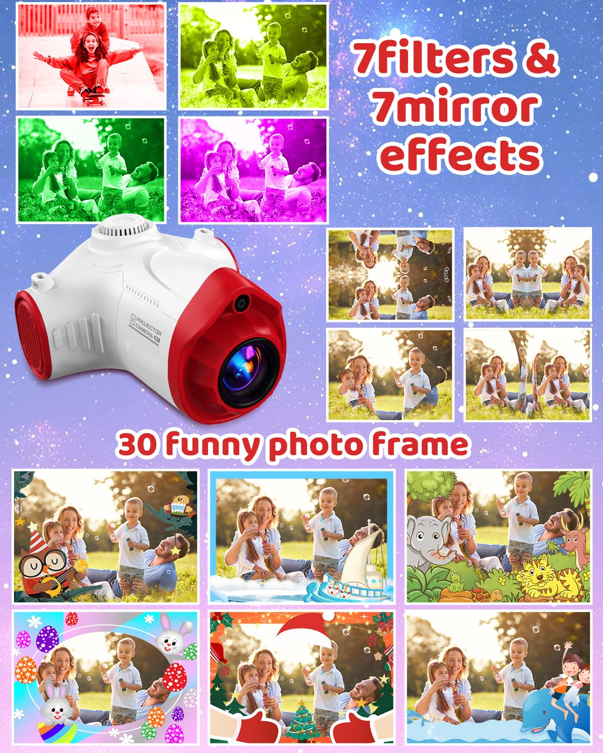 Kids Camera with Projector Spaceship 48MP HD Digital Camera for Kids 1080P Video Recorder Toy with 32GB SD Card & Tripod Outer Space Birthday for Boys Girls Age 3-12 (Red)