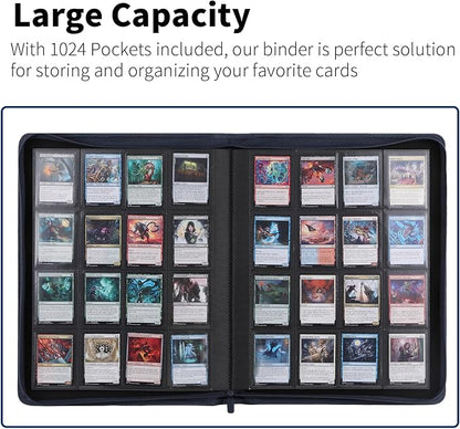 Snekdy premium 1024-pocket trading card binder, 16-pocket cards album, waterproof PU-leather Cover album with side loading, holds gaming, baseball, basketball & sports cards (Blue)
