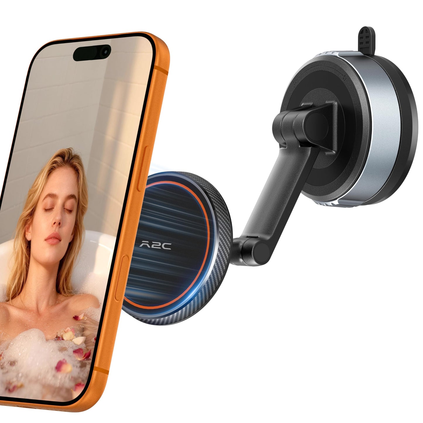 A2C Shower Phone Holder for MagSafe, Reusable Gel-Lock Suction Cup Phone Mount with 4-Inch Dual Pivot Adjustable Arm, Phone Holder for Shower, Mirror, Kitchen & Bathroom for iPhone 12-17 & All Phones