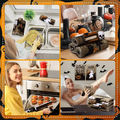 Ganeen 6 Pcs Halloween Kitchen Towels Dwarfs Cobwebs Witches Castles Dish Towels Fiber Fingertip Hand Towel Decorative Tea washtowels 14.2 x 21.3 Inch for Decorative Bathroom Holiday (Goth)