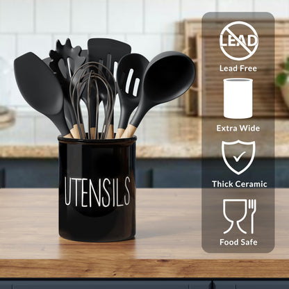 Barnyard Designs Ceramic Farmhouse Kitchen Utensil Holder for Countertop, Decorative Kitchen Utensil Crock for Counter, Spatula Holder, 7" (Black)